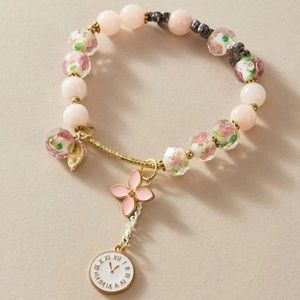 Garden Tea Party Clock Charm pink & gold bracelet